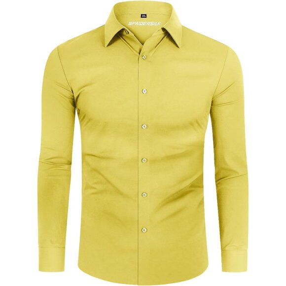 Men's Yellow Long Sleeve Slim Muscle Fit Wrinkle Free Button Down Dress Shirts - Picture 7 of 8